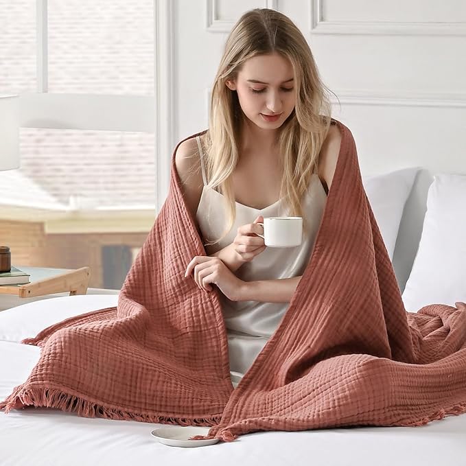 Esterra Muslin Throw Blanket 50x65 Inches Cozy Soft Lightweight Pre-Washed Cotton Blanket, All Season Breathable 4-Layer Gauze Blanket Throw for Sofa Couch Bed, Copper Brown