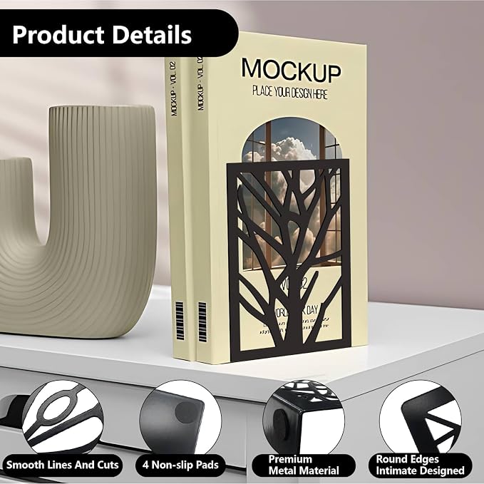 CRASPIRE 1 Pair Metal Bookends 5.3x4.3x7.8 Tree Black Heavy Duty Study Non-Skid Tall Book Holder Stand Creative Decorative Stopper Support Organizer Magazine for Shelf Desk Birthday