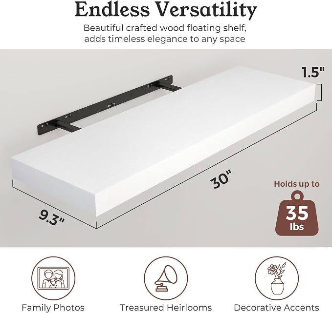 White Floating Shelves for Wall, 9.3" Deep Wall Mounted Wood Shelves for Bathroom, Bedroom, Living Room, Kitchen, Hanging Shelf for Books/Storage/Room Decor (White 30")