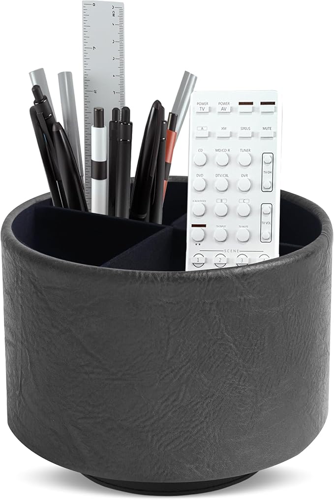 Round Leather Art Supply Organizer,Remote Control Holder,360 Degree Spinning,Multi-Functional Pencil Holder,4 Compartments Desktop Stationary Organizer(1-Crazy Black)