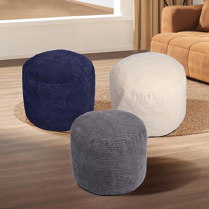 Round Pouf Ottoman Foot Rest with Foam Chunk Filling, Corduroy Ottomans for Living Room Floor Poufs (20"x15",Dark Grey)