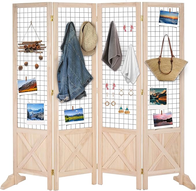 VINGLI Room Divider Freestanding Gridwall, 4 Panel Folding Display Board Organizer with Base Feet, Decorative Wooden Frame Wire Grid Screens for Craft Shows Events Retail (Natural, 5.5'×6')
