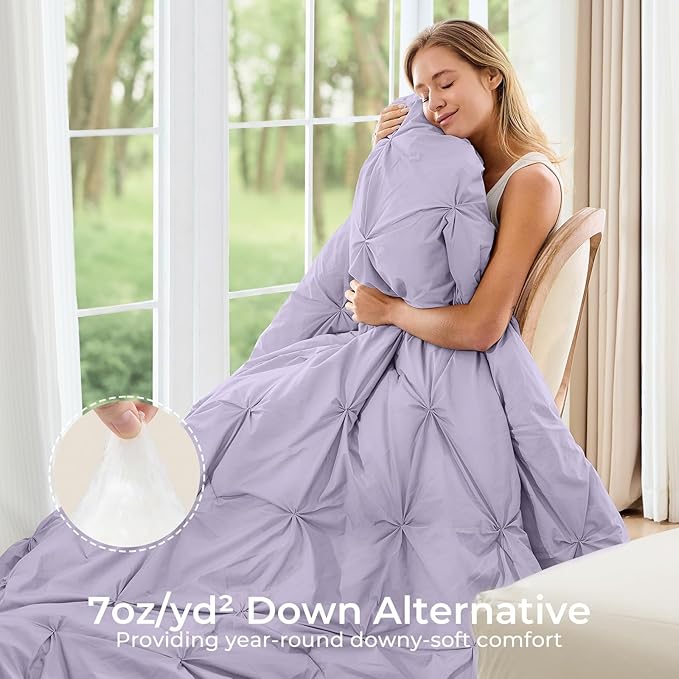 Sasttie Twin Comforter Set, 5-Piece Bed in a Bag, Pintuck Bedding Set for All Season, Includes Comforter, Flat Sheet, Fitted Sheet, Pillowcase and Pillowsham, Lavender
