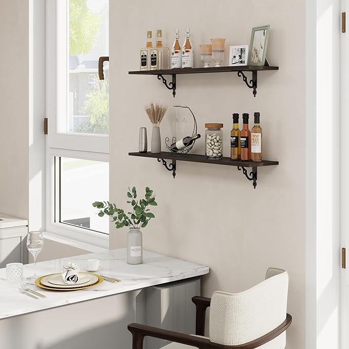 RICHFOCUS Floating Shelves for Wall Decor, 35.4W x 8D Shelves Set of 2, 8 Inch Deep Rustic Wood Shelves Wall Mounted with Brackets, Long Floating Shelves for Living Room Bedroom Kitchen, Black