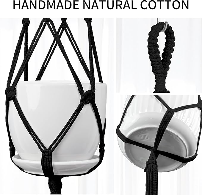 Macrame Plant Hanger - Fits 4-13 Inch Pots, 34"/41"/46" 3 Sizes Set, Hanging Planter Holder for Indoor Outdoor, Cotton Rope with Tassels Boho Home Decor, Black