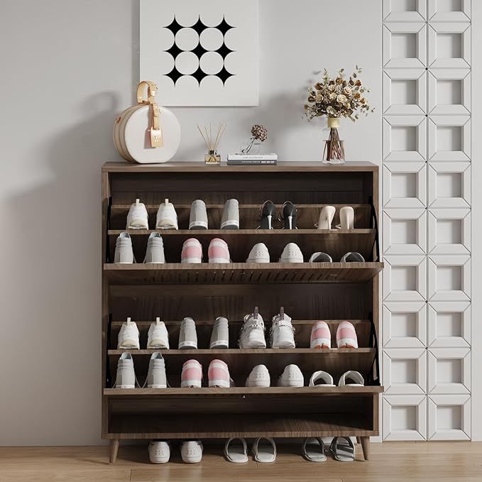 Shoe Storage Cabinet for Entryway | Ultra-Slim Narrow Shoe Organizer with 2 Flip Drawers | Freestanding Hidden Shoe Rack | Space-Saving Solution for Small Hallway, Foyer, Mudroom
