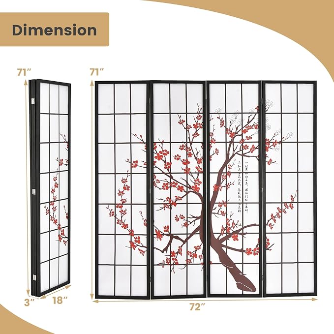 GOFLAME Japanese Style 4 Panel Room Divider, 6ft Folding Shoji Screen Room Partition with Plum Blossom Design, Solid Wood Frame, Freestanding Wall Divider, Indoor Room Separator for Home Office