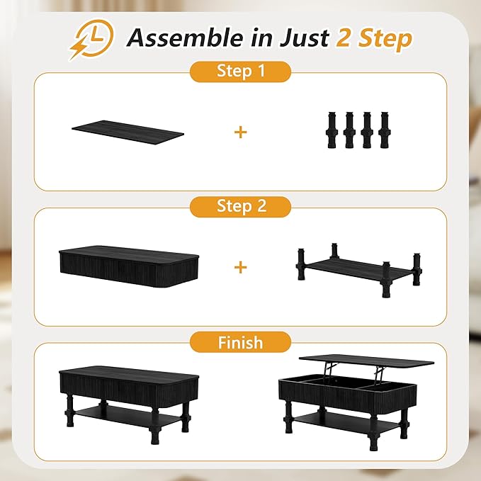 39”Large Lift Top Coffee Table with Hidden Storage Compartment,Fluted Coffee Tables Fully Assembled Wooden Center Table,Mid Century Modern Lift Tabletop Dining Table for Living Room Home Office,Black