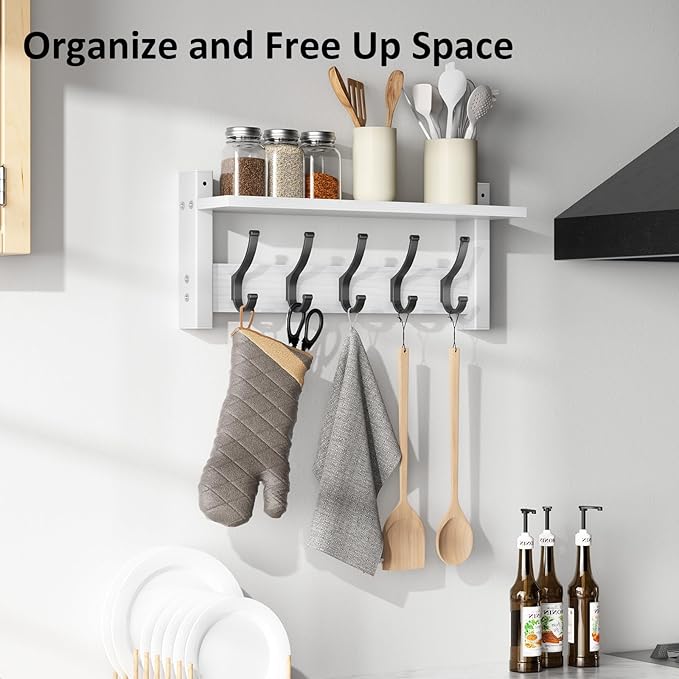 Optish Coat Rack Wall Mount with Shelf, 17.1 Inch Coat Hanger Walls Mounted, Hat Rack for Walls, Shelf with 5 Coat Hooks, Wall Hanger for Entryway (White)