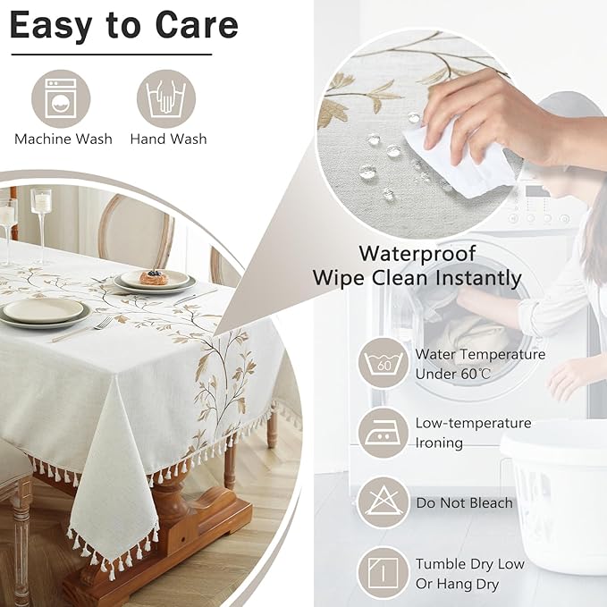 JIALE Rectangle Table Cloth, Heavy Duty Cotton Linen Waterproof Tablecloths Farmhouse Tablecloth, Soft and Wrinkle Free Table Cover with Tassels, Coffee Flower, 55''x70''