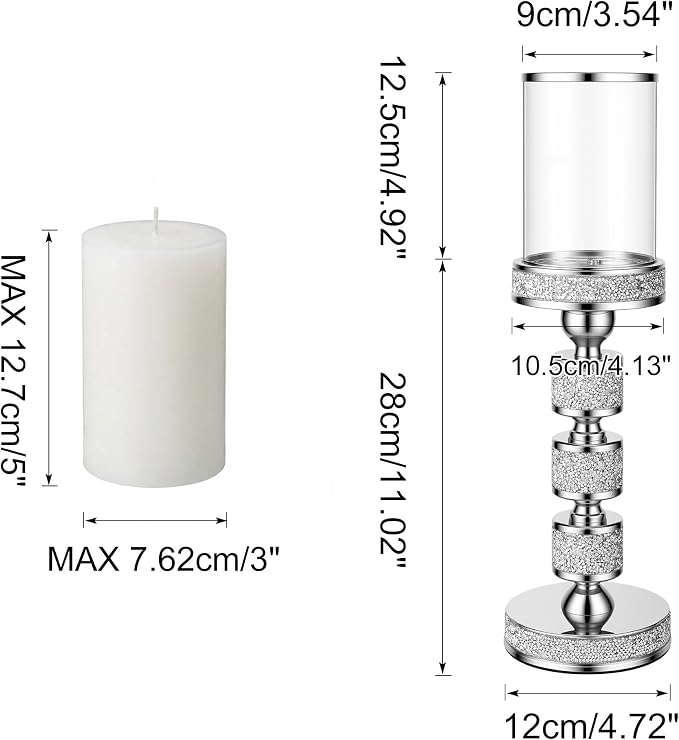 Hurricane Candle Holder, 15.9" Tall Metal Candle Stand, Glass Pillar Candle Holders, Crystal Silver Decorative Centerpieces for Table, Wedding and Dining Room (Fits Candles up to 3"x5", 2pcs, L)