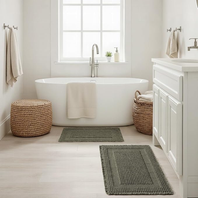 MIULEE Set of 2 Waffle Bathroom Rugs, Boho Bath Rug Super Absorbent, Non Slip Washable Ultra Soft Rubber Backed Shower Bath Mats for Floor, Tub, Shower, Looped Design, Green, 17x24 Inch
