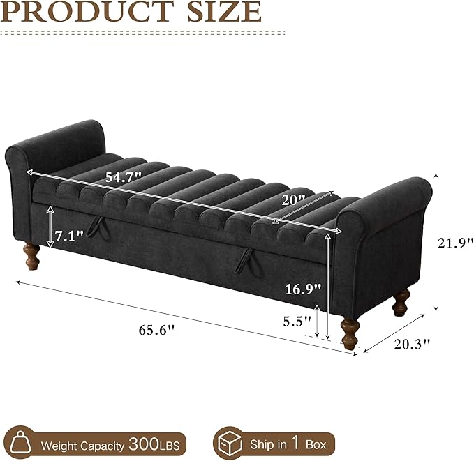 Chifee & Vingol 65" Storage Ottoman Bench Upholstered End of Bed Bench Modern Entryway Benches Window Benches for Bedroom Living Room Entryway,Charcoal