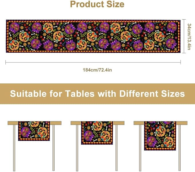 Mexican Fiesta Table Runner Decoration Skull Cinco De Mayo Dia De Los Muertos Runners Farmhouse Rustic Day of The Dead Decor Supplies for Kitchen Dining Home, 13x60 Inch Black