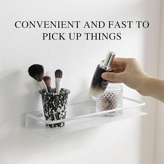 RFOUO 12 Inch White Metal Wall Shelf with Guard Rail, Wall Mounted Bathroom Shelf, Aluminum Floating Shelf for Skincare Perfume Spice, Small Display Shelf for Bedroom Kitchen, 1 Pack