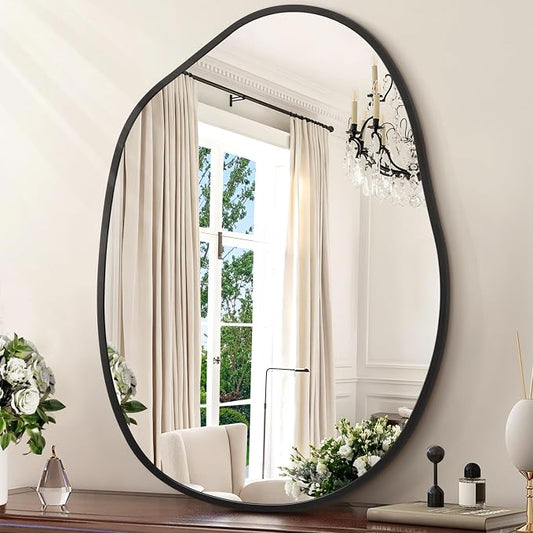Large Irregular Wall Mirror Black Asymmetrical Bathroom Mirror Modern Decorative 26"x37.5" Aluminum Alloy Frame for Bathroom, Living Room, Entryway, Bedroom