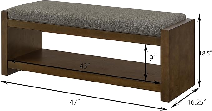 Accent Bench with Lower Shelf Shoe Rack, Padded Seating Bench for Living Room, Modern Compact Bed End Bench with Storage for Bedroom Seating, Removable Cushion (Granite, 47" L)