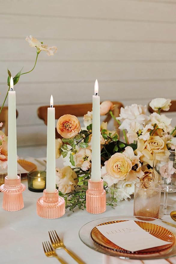 Vixdonos Taper Glass Candlestick Holders Tealight Candle Holders for Table Centerpieces, Wedding Decor and Dinner Party (3 Pcs, Orange Pink)