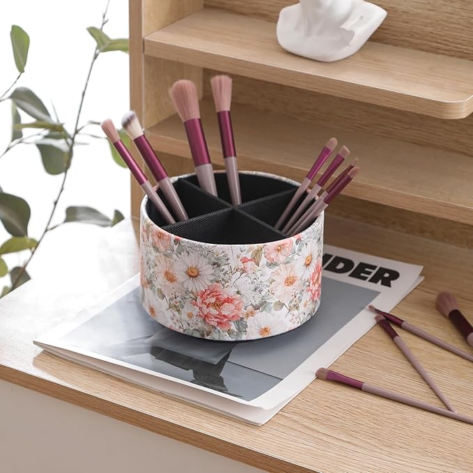 Spinning Remote Caddy for Table, 360 Degree Rotating Desk Organizer and TV Remote Holder, Decorative PU Leather Storage Basket for Bedside, Coffee Table, and Office Stationery, Peony PH128