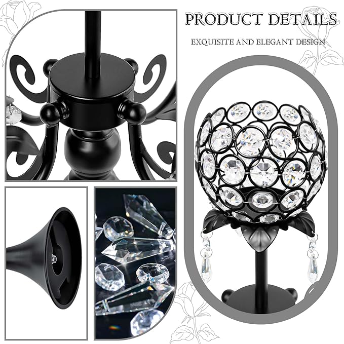 Set of 4 Crystal Tea Light Candle Holders - 22.5" Tall Metal & Crystal Centerpiece with Weighted Base for Birthday Valentine Dinner Table Decor- Matte Black