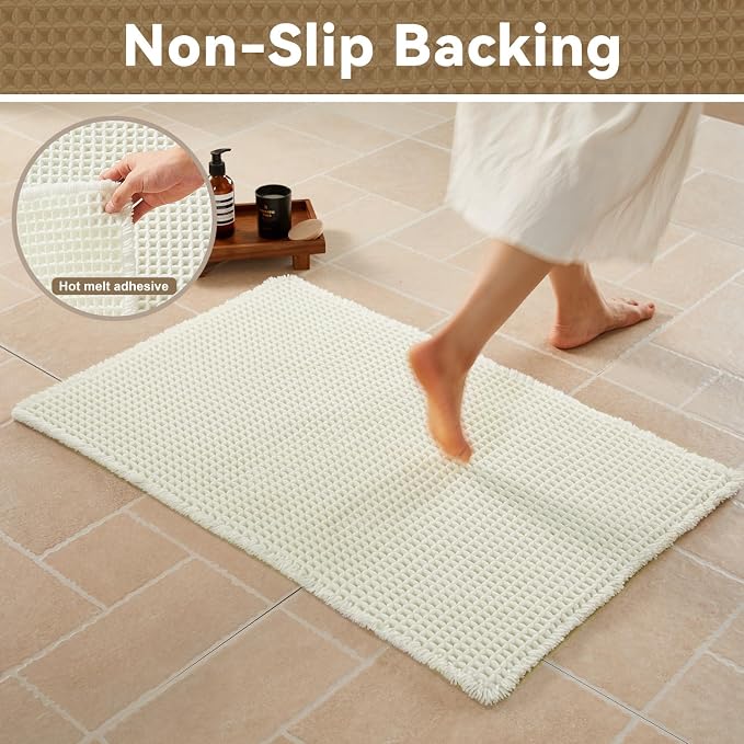 Triohero Waffle Bath Mat, Boho Bathroom Rugs Non Slip Washable, Ultra Soft Super Absorbent Quick Dry Farmhouse Bathroom Decor, 24" x 36", Cream White
