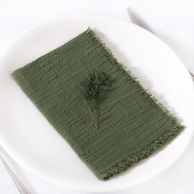 MLMC 10 Pack Olive Green Cloth Napkins with Fringe Boho Linen Napkins Washable Reusable Rustic Dinner Table Decor 17"×17" for Wedding Party Picnic Gathering Decor