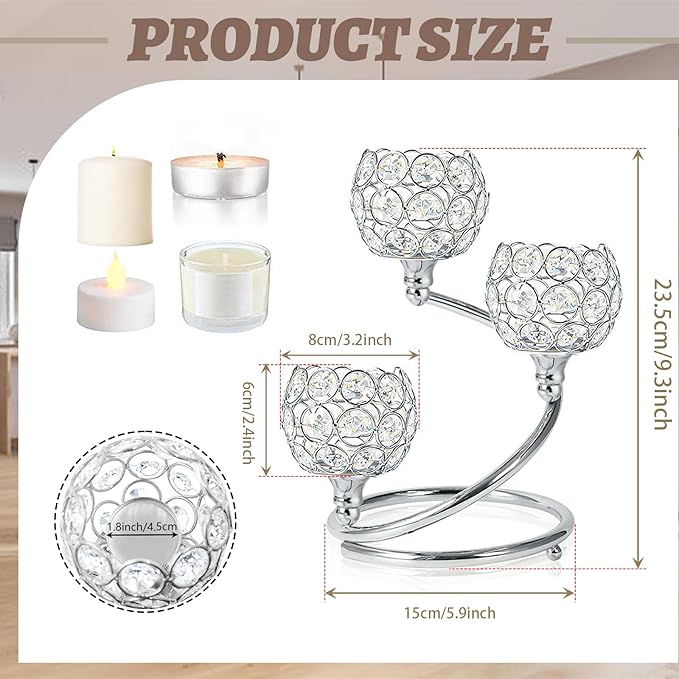 Metal Crystal Candle Holder Set of 3 - Elegant 5-Arm Metal Tea Light Centerpiece with Shining Crystal Bowl, Wedding Anniversary Table Decor for Dining, Party (Silver, 6 Pcs 3 Arm)
