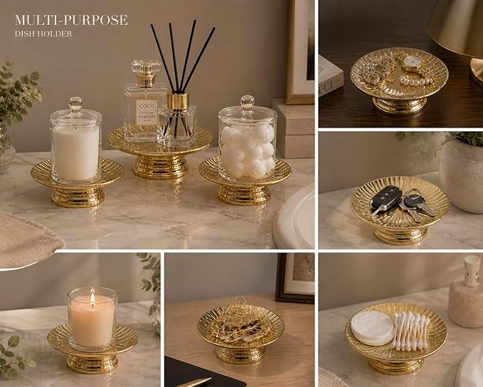 Ceramic Gold Candle Plate Set, 3-Piece – Decorative Candle Holder Tray for Pillar Candles, Jewelry, Trinkets or Bathroom Counter – Elegant Gold Finish for Tabletop & Home Décor