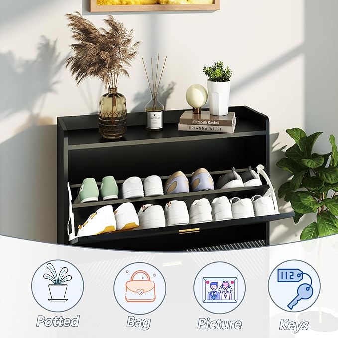 Ultra Thin Shoe Cabinet Storage for Entryway: 32" Black Narrow Shoe Cabinet with 2 Flip Drawers, Fluted Shoes Rack Hidden, Modern Slim Shoes Organizer for Hallway (Black, 2 Drawers)