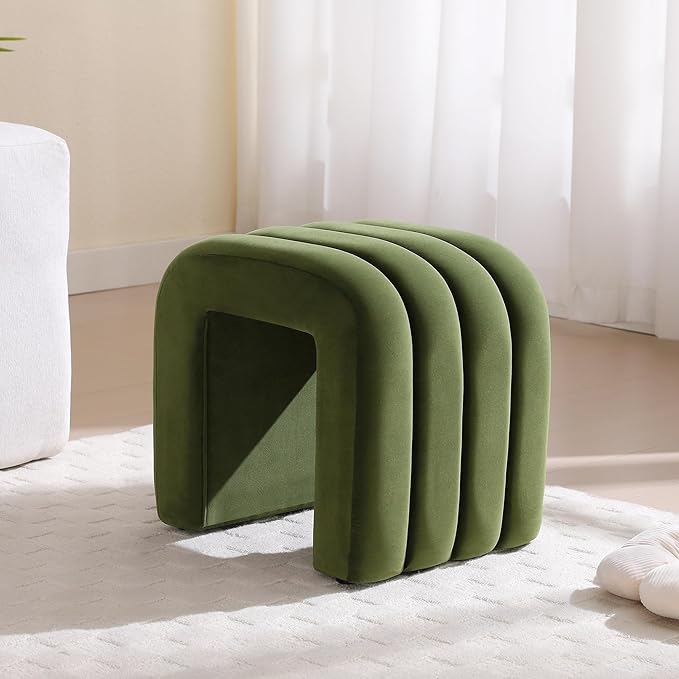 ONEVOG Velvet Pouf Ottoman,Olive Green Foot Rest for Couch 18 inch Cute Vanity Chair for Makeup, Sturdy Frame, Living Room Decor, Upholstered Footrest for Dorm, Bedroom