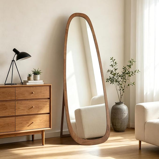 WallBeyond 22x65 Inch Irregular Pebble Full Length Mirror with Stand, Tempered Glass Floor Mirror with Wooden Frame,for Bedroom, Living Room, Cloakroom(Walnut)