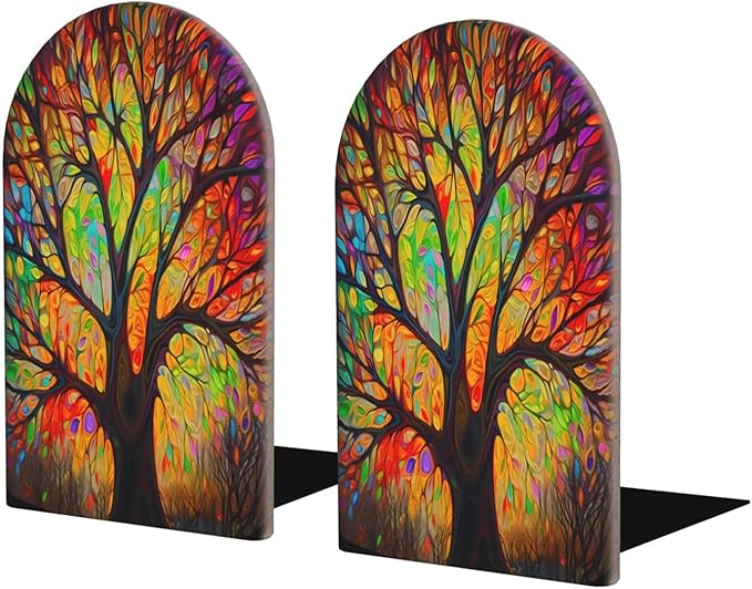Tree Leaves Colourful L-Shaped Book Ends 1 Pair Wood Bookends Book End Supports for Heavy Book Shelf Holder Home Decorative