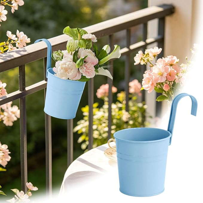 Hanging Flower Pots For Railings, Hanging Galvanized Metal Flower Pot with Hook, Tinplate Hanging Buckets for Garden Balcony Flowers, Colorful Planter for Flowers Grasses and Succulents (Blue)