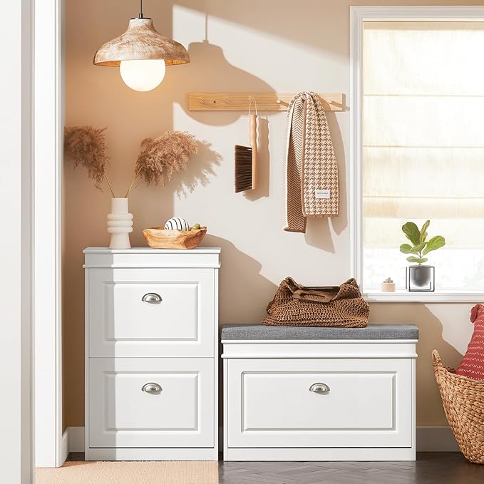 SoBuy Small Shoe Storage Bench, Narrow Shoe Cabinet for Entryway, Shoe Rack with Cushion&2 Tiers Flip-Drawer, Closet Hallway Mudroom White FSR82-L-W