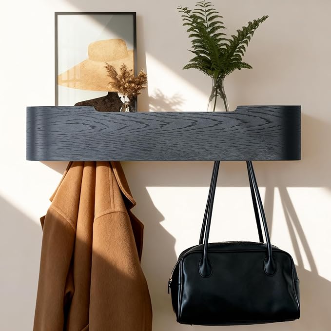 Coat Rack Wall Mount with Shelf Entryway Shelf Modern Key Holder Hanger Wall Shelves with Hidden Hooks for Hanging Towels Coats Hats Bags for Hallway Bathroom Bedroom (Black, 5 Hooks)
