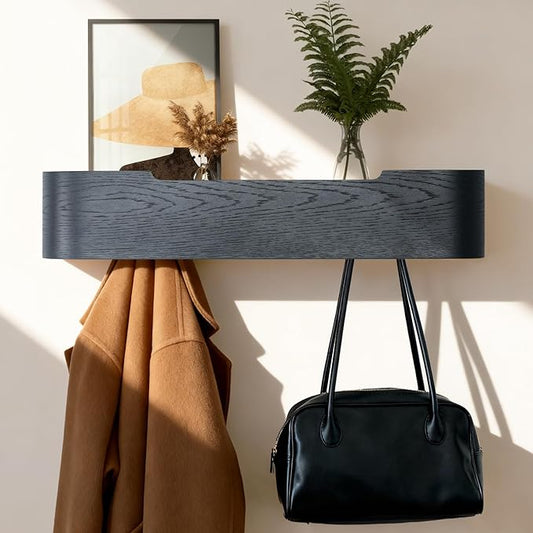 Coat Rack Wall Mount with Shelf Entryway Shelf Modern Key Holder Hanger Wall Shelves with Hidden Hooks for Hanging Towels Coats Hats Bags for Hallway Bathroom Bedroom (Black, 5 Hooks)