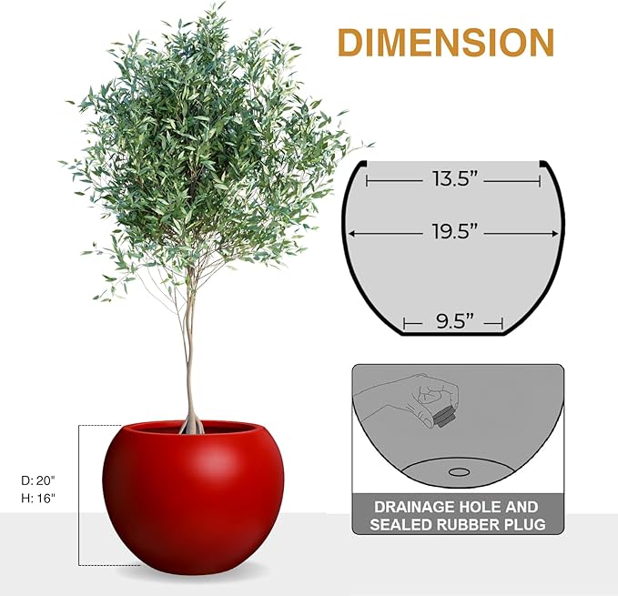 KUTE NEST 16" H x 20" D Premium Globo Fiberstone Round Planter with Drainage Hole, Smooth Finishes, Weather Resistant for Indoor and Outdoor Use, Included 2 Extra Coco Mats (Red, 13.5" Pot Opening)