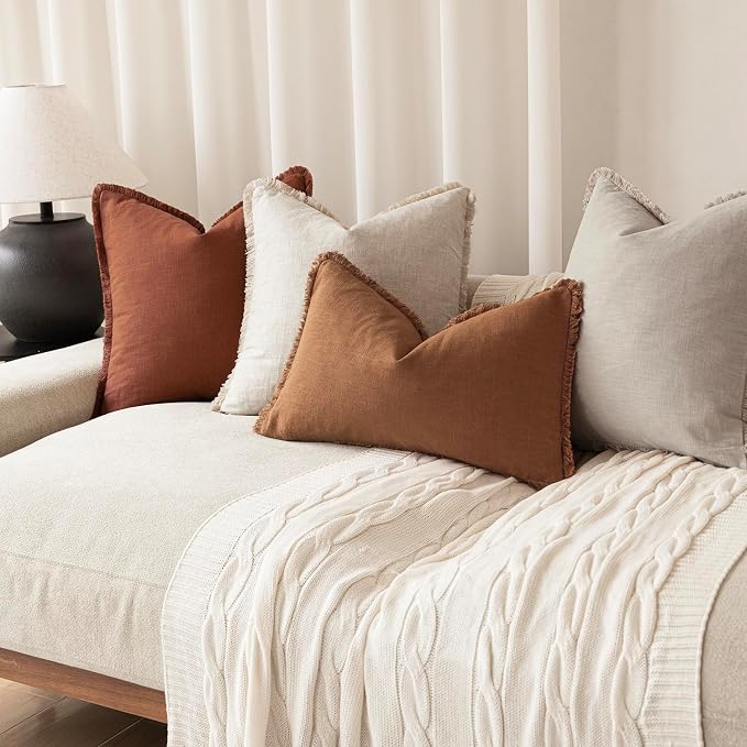 Foindtower Set of 2 Decorative Linen Fringe Throw Pillow Covers Boho Farmhouse Cushion Cover with Tassels Soft Accent Pillowcase for Couch Sofa Bed Living Room Home Decor,18×18 Inch,Orange Brown