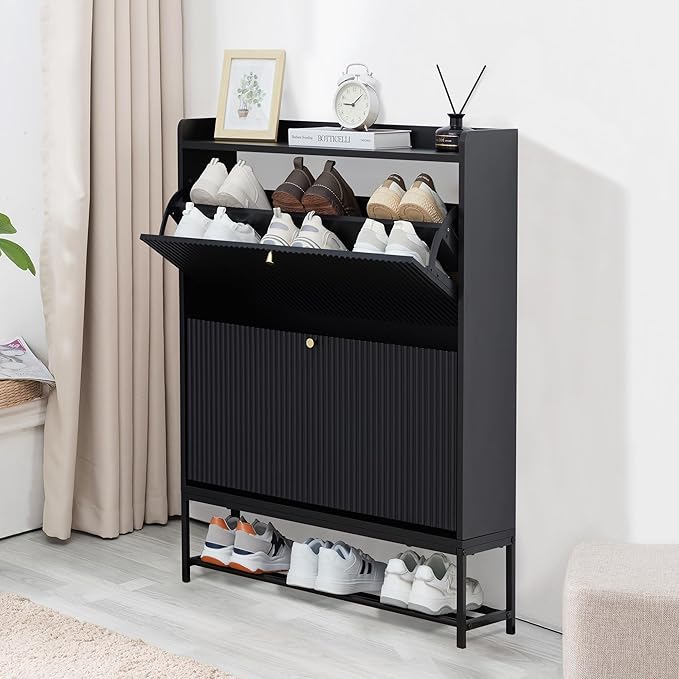 RARZOE Set of 2 Fluted Shoe Cabinets for Entryway with 2 Flip Drawers, Narrow Wood Shoe Cabinet with Fluted Panel, Freestanding Hidden Shoe Rack with Metal Legs for Foyer,Hallway(31.5''Black)