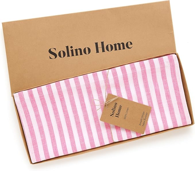 Solino Home Linen Table Runner 132 Inches Long - Amalfi Stripe, 100% Pure Linen Pink and White Farmhouse Table Runner 14 x 132 Inch for Dining, Summer