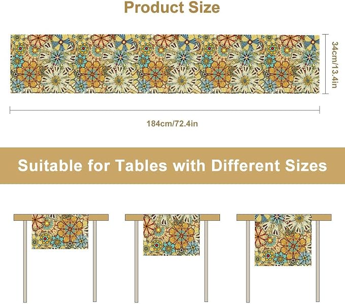 Mandala Floral Table Runner Retro Colorful Hippie Flowers Boho Art Tabler Decor for Bedroom Kitchen Living Room Dining Party Yellow Table Runner, 13x36 Inch