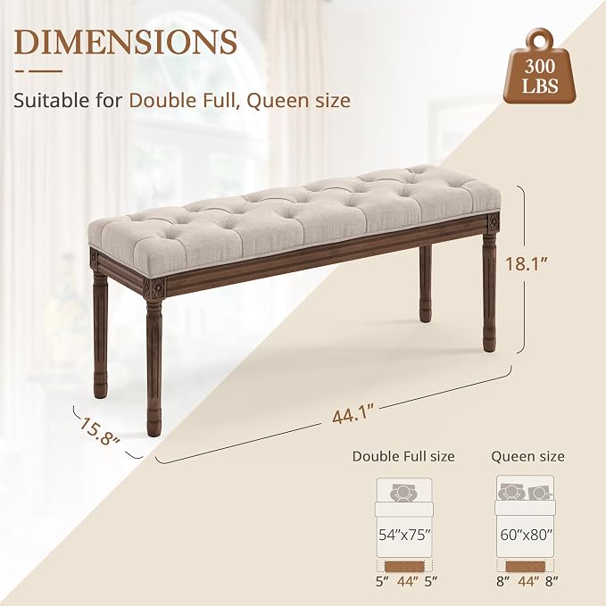 LUE BONA 44" Bedroom Bench, Fabric End of Bed Bench, Upholstered French Tufted Ottoman Bench with Carved Dark Brown Wood Legs for Bedroom End of Bed, Living Room, Linen