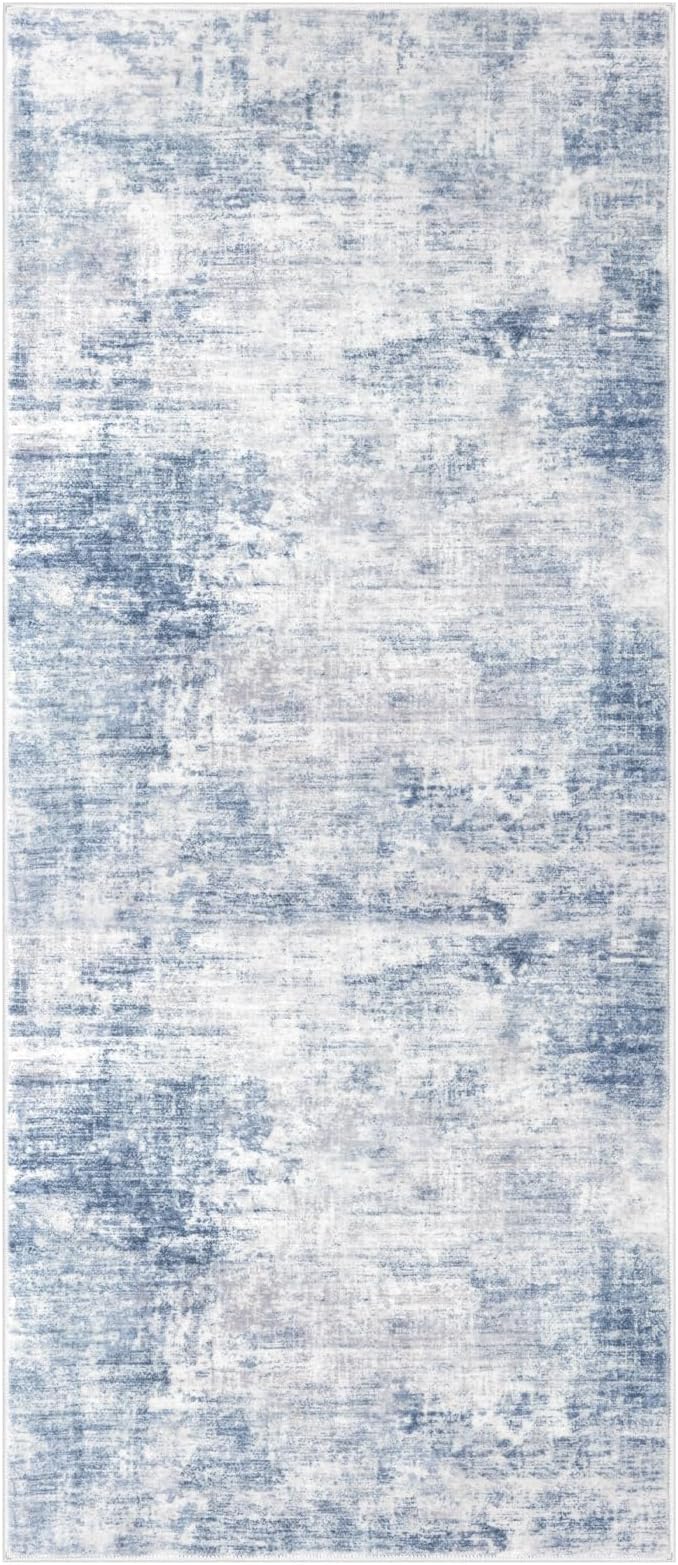 IOHOUZE Abstract Runner Rug 3x7 Ft Washable Runners for Hallways, Non Slip Kitchen Runner Printed Faux Wool Entryway Runners Indoor, Floor Carpet for Hall Kitchen Bedroom, Light Blue Grey