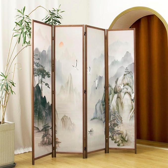 4 Panel Room Divider, 5.6 ft Tall Blackout Folding Privacy Screen - Double-Sided Freestanding Partition Wall with Different Patterns, Ink-wash Mountain Landscape for Home Office (67"H x 63"W)