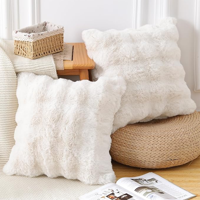 MADIZZ Pack of 2 Thick Plush Faux Wool Throw Pillow Covers Soft Boho Throw Pillows Luxurious Cushion Covers for Couch Sofa Bedroom Living Room Home Decor 20x20 Inch Cream