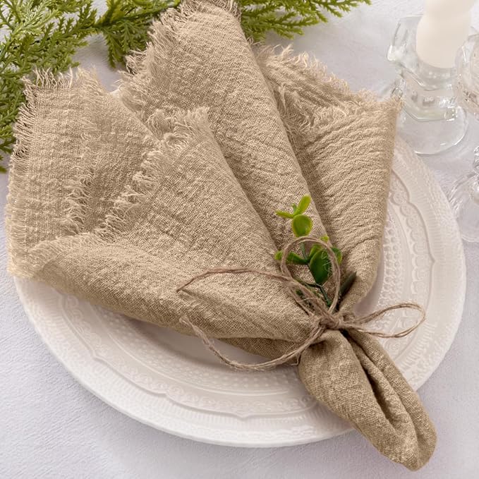 Socomi Set of 12 Linen Napkins Caramel Easter Spring Cloth Napkins Washable Fringe 17"x17" for Wedding Party Bridal Baby Shower Birthday Table Decorations
