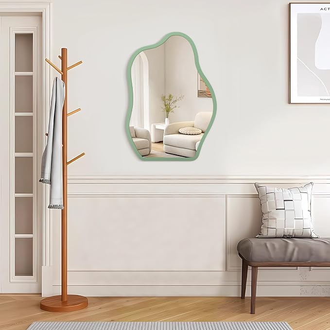 Asymmetrical Large Mirror Irregular Modern Mirror for Wall Decor Wooden Framed Hanging Wall Mirror Unique Shape Vanity Cloud Mirrors Decorative for Bedroom Bathroom Living Room Entryway