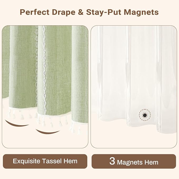 BTTN 3 in 1 Shower Curtain with Liner, 80 Inch Long Boho Linen Striped Cloth Shower Curtain Set with Hook, Tall Rustic Farmhouse Bohemian Waterproof Fabric Curtain for Bathroom, Sage Green, 72x80