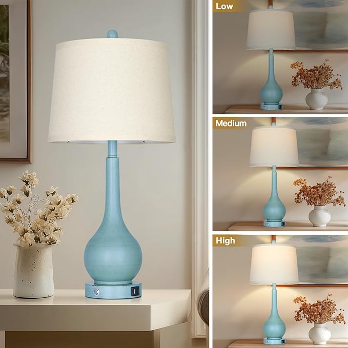 26" Farmhouse Table Lamps for Living Room Set of 2, 3-Way Dimmable Touch Control Bedside Lamp with USB A+C Ports, Retro Blue Nightstand Lamps for Bedroom (2 LED Bulbs Included)