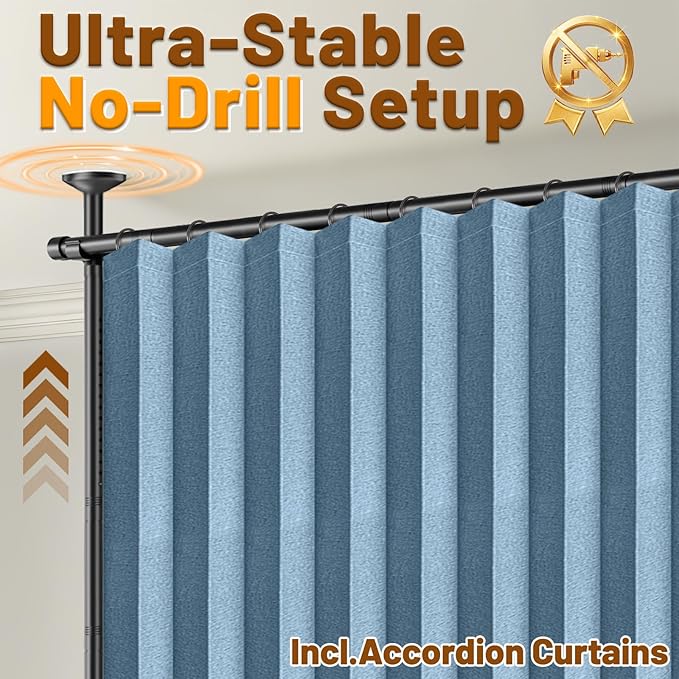 AJAZZ Room Divider Curtain (Blue, W100 x L84 in, 1 Panel)+ Tension Curtain Rod No Drilling (H) 43-120×(W) 35-100 in, for Privacy/Soundproof Curtains, Heavy Duty Wall Separator